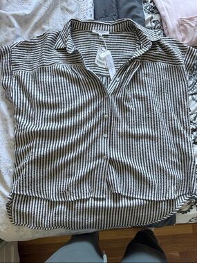 Jane and Delancey Black and Cream Striped Button-Up Blouse